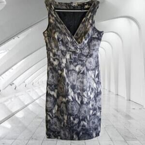 H&M 8 sleeveless lined v neck gray white floral sheath cotton blend dress.